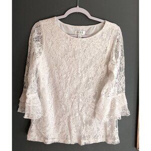 Elle Blouse Women Medium White Lace Overlay Sheer 3/4 Bell Sleeve Floral